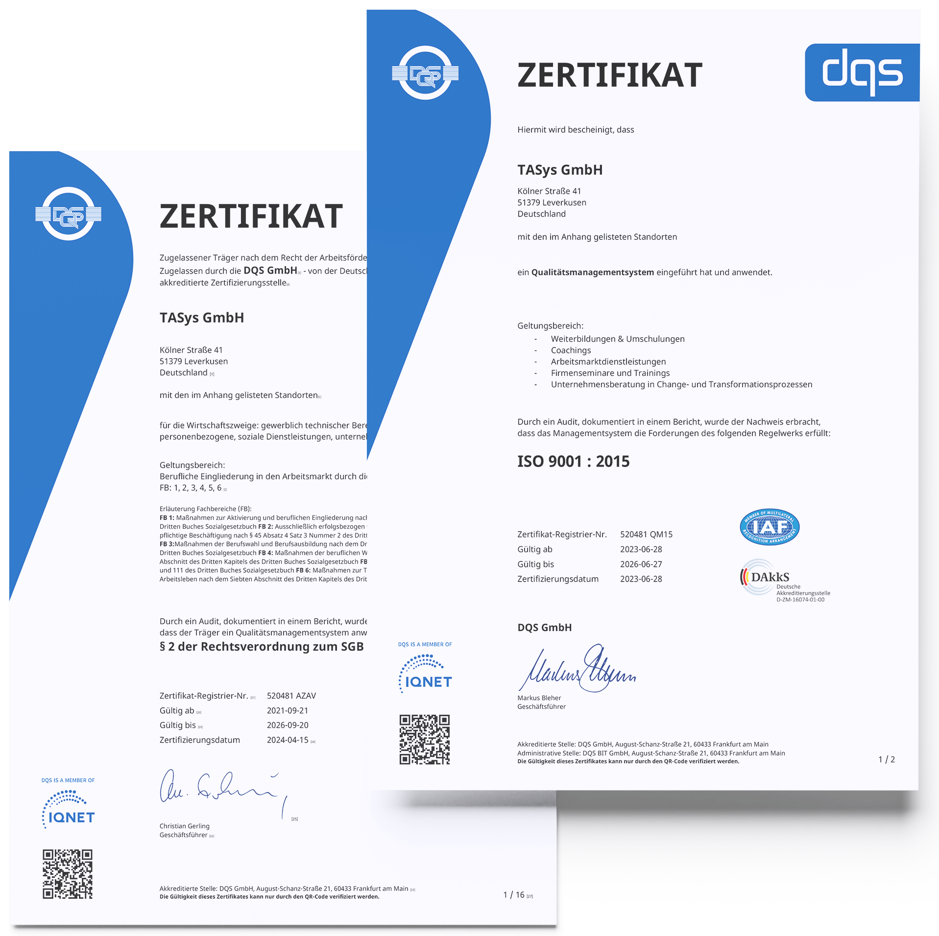 Zwei offizielle DQS Zertifikate für TASys GmbH mit ISO 9001 und AZAV Nachweis als Qualitätsbeleg – TASys