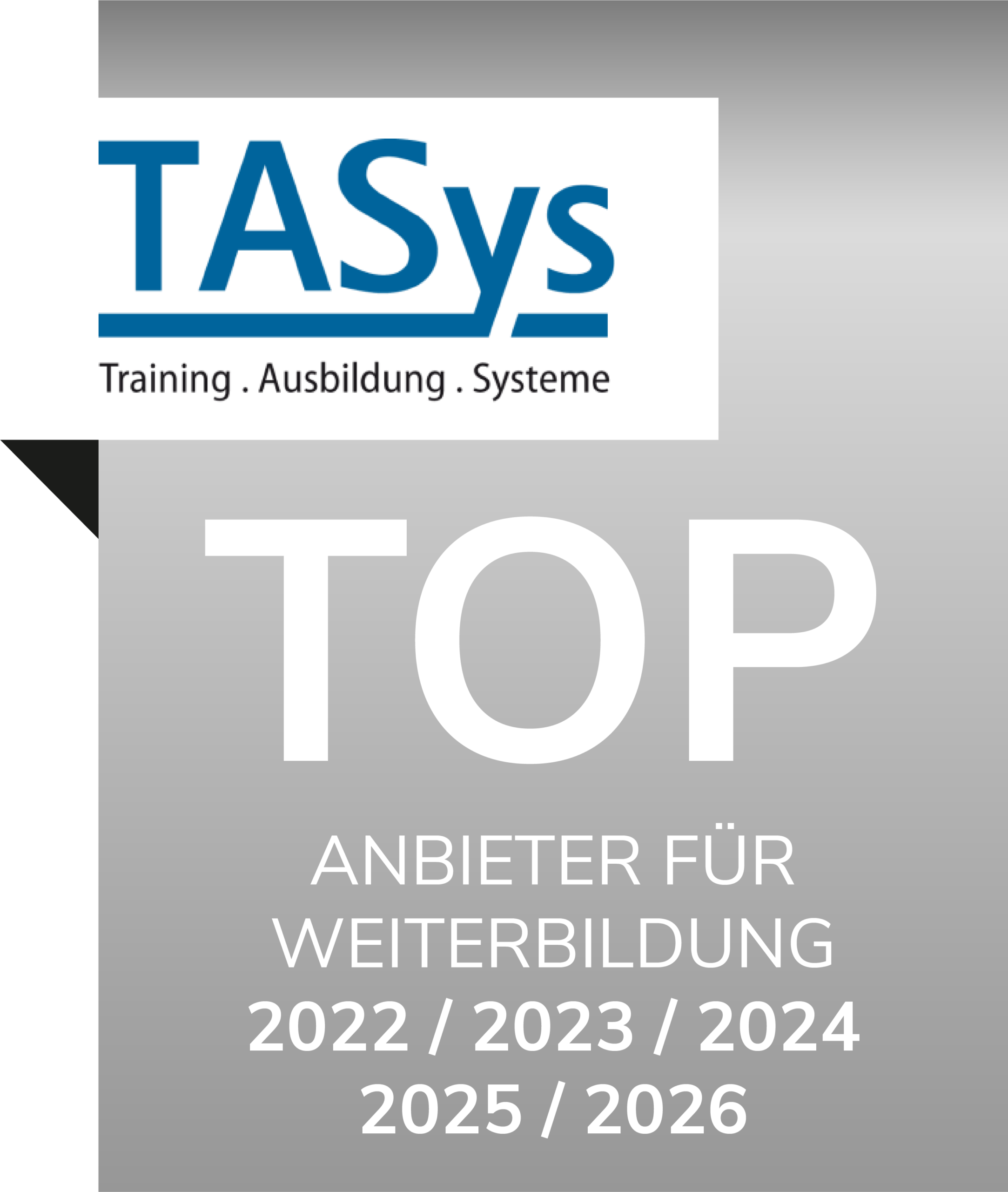 Grafik mit TASys Logo und Auszeichnung als Top Anbieter für Weiterbildung in den Jahren 2022 bis 2026 – TASys